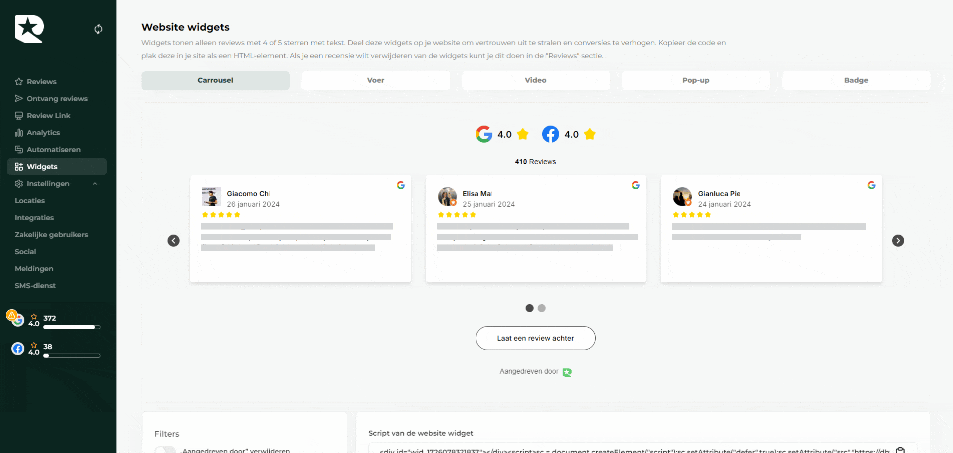 Rivy widgets & delen integratie